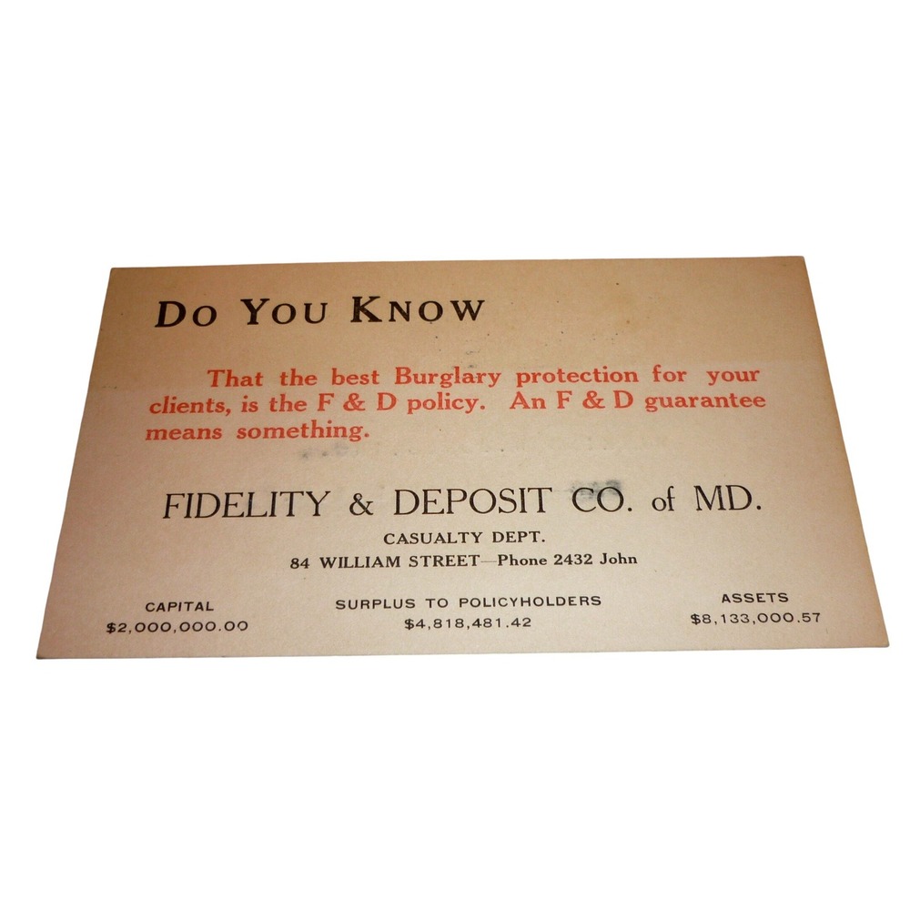 Vintage 1912 Fidelity & Deposit Co MD Insurance Advertising Postcard 1c Stamp